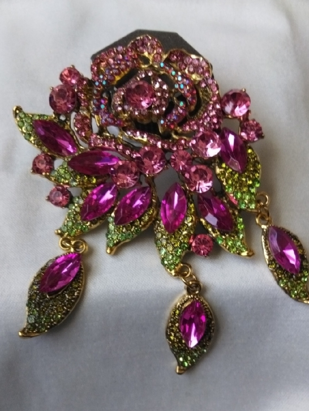 Pink and Green Crystal Floral Drop Brooch